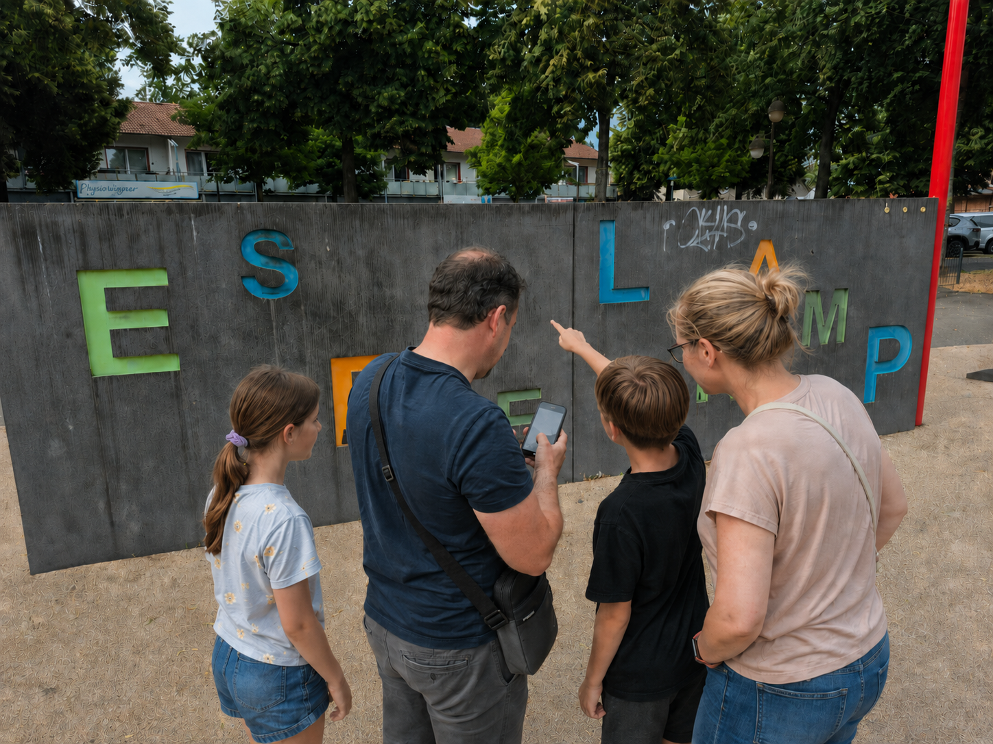Familie löst eine digitale Entdeckerrallye an einer Buchstabenwand auf einem Spielplatz in Espelkamp