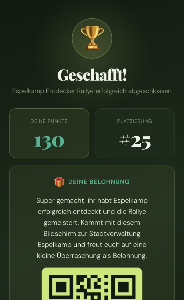 Abschlussbildschirm mit Belohnung am Ende der Espelkamp Entdecker Rallye