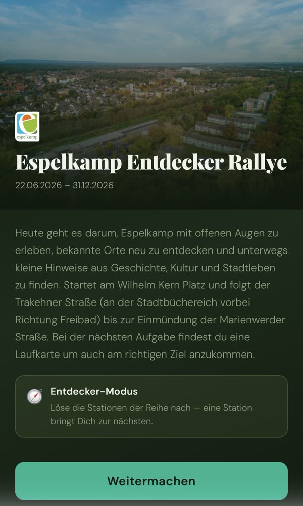 Startbildschirm der Espelkamp Entdecker Rallye auf dem Smartphone