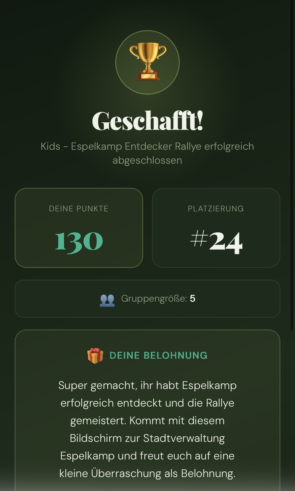 Abschlussbildschirm mit Punkten und Belohnung der Kids Espelkamp Entdecker Rallye