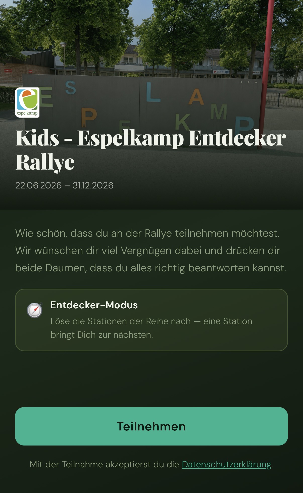 Startbildschirm der Kids Espelkamp Entdecker Rallye